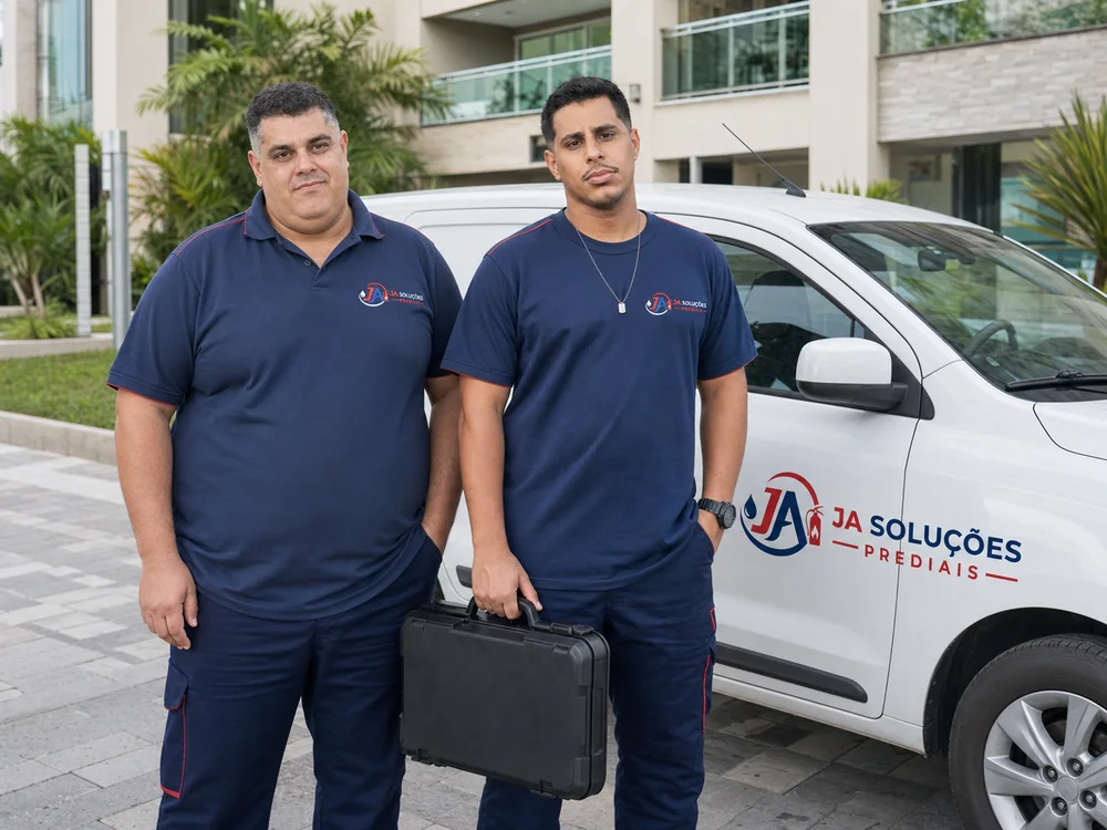 Sandro e Victor, sócios da JA Soluções Prediais, ao lado do veículo da empresa