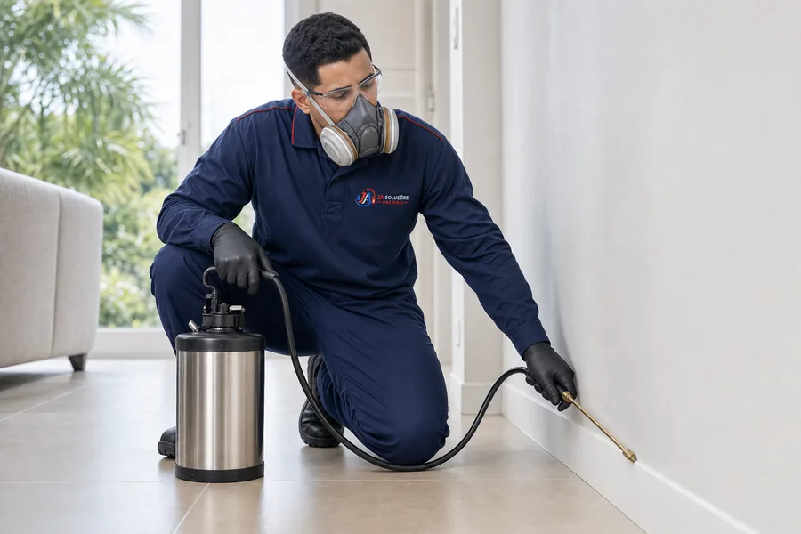 Profissional com EPI realizando controle de pragas
